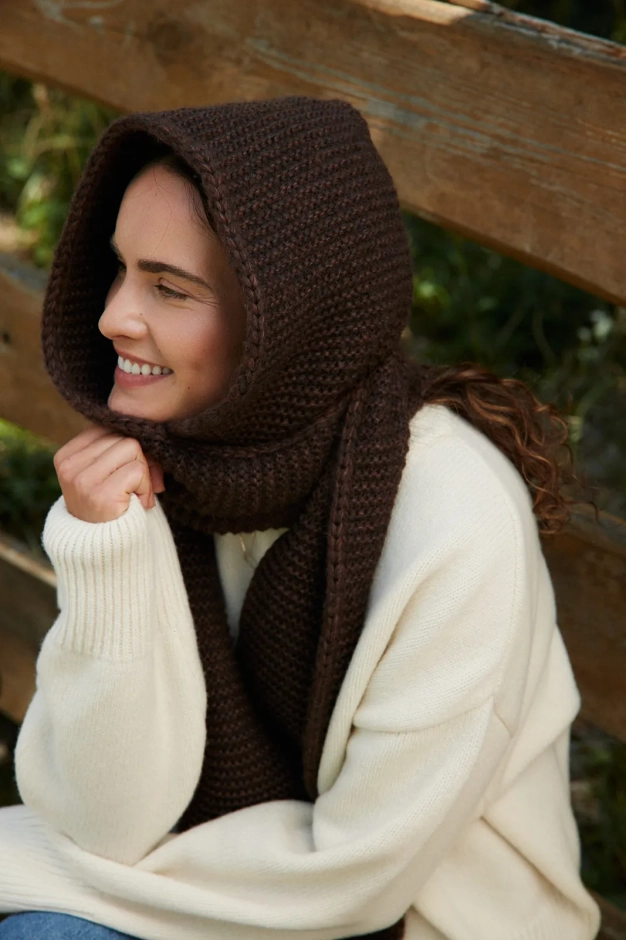 Brązowy kaptur z szalikiem z wełny merino i bawełny – Hood Brown